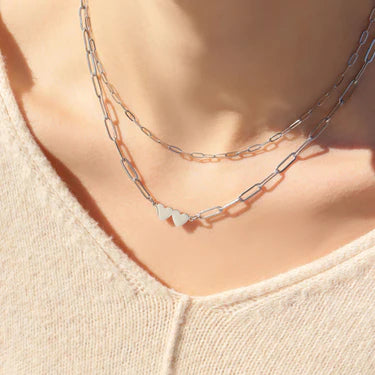 Engravable Paper clip necklace with two connected hearts
